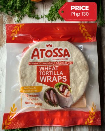 Package of Atossa wheat tortilla wraps priced at Php 130.