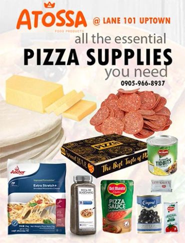 Essential pizza supplies including cheese, pepperoni, sauce, and dough at Atossa.