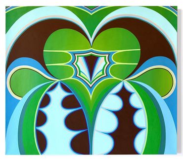 Abstract symmetrical painting with green, blue, and brown shapes forming a heart-like design.