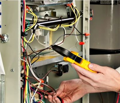 Technician testing electrical wires inside a machine with a yellow multimeter.