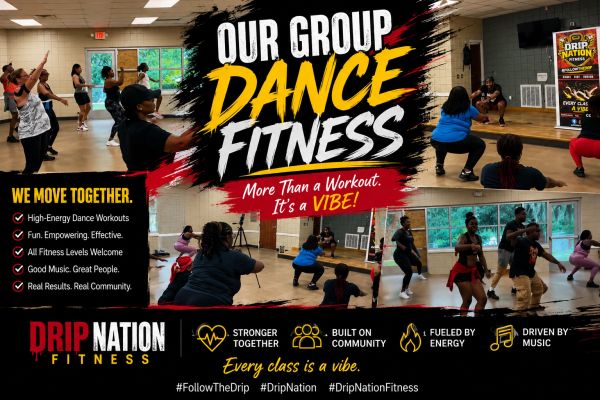 Group dance fitness class promoting energy, community, and fun.
