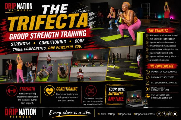 Drip Nation Fitness The Trifecta group strength training poster with benefits and convenience.
