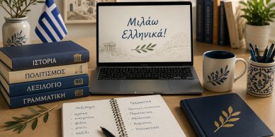 Laptop displays "I speak Greek" with Greek study books and notes around it.