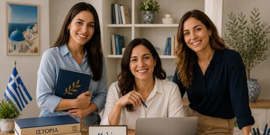 Three women smiling at a workspace with a Greek flag and travel books.