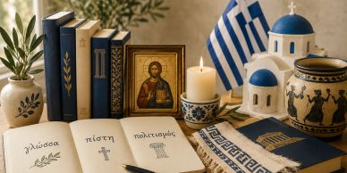 Greek culture and heritage items on a table.