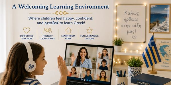 Child learning Greek online with supportive and friendly environment.