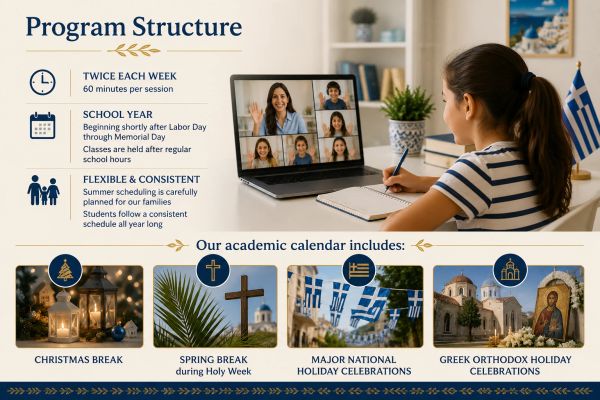 Child attends online class with program details and holiday calendar.