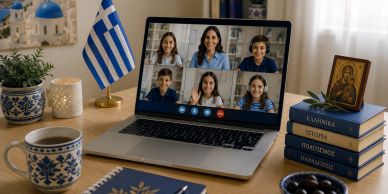 Virtual family call with Greek cultural items on table.