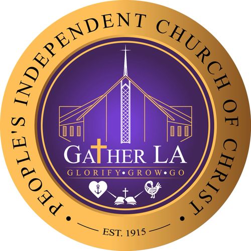 Logo of People's Independent Church of Christ with church image and motto.