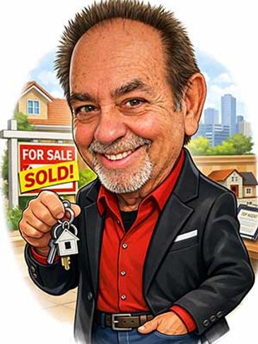 Caricature of Las Vegas real estate agent Randy Bell holding house keys in front of a sold home and 