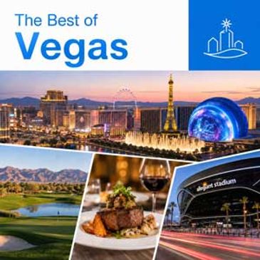 The Best of Vegas graphic featuring the Las Vegas Strip, Sphere, golf course, fine dining, and Alleg