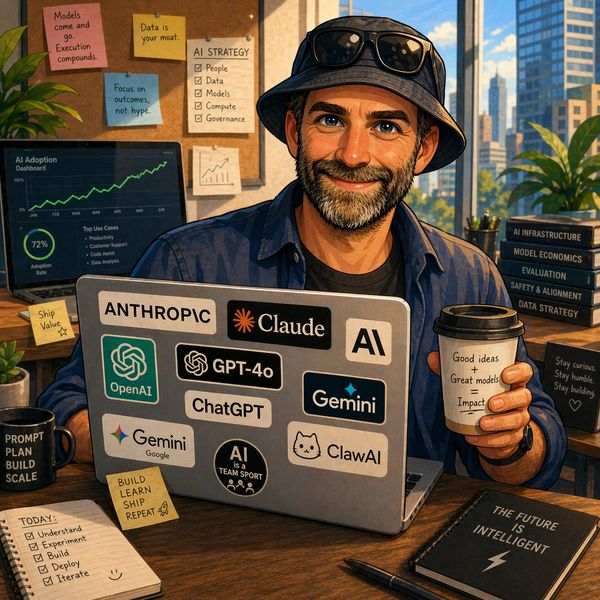 Man with laptop covered in AI logos, holding coffee with motivational quotes in a bright office.
