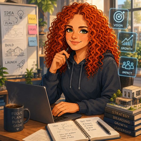 Young woman planning a project with focus on vision, growth, and impact.