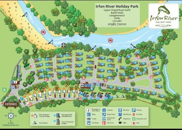 Site map of Irfon River Holiday Park showing layout of pods, facilities, paths, and green spaces.