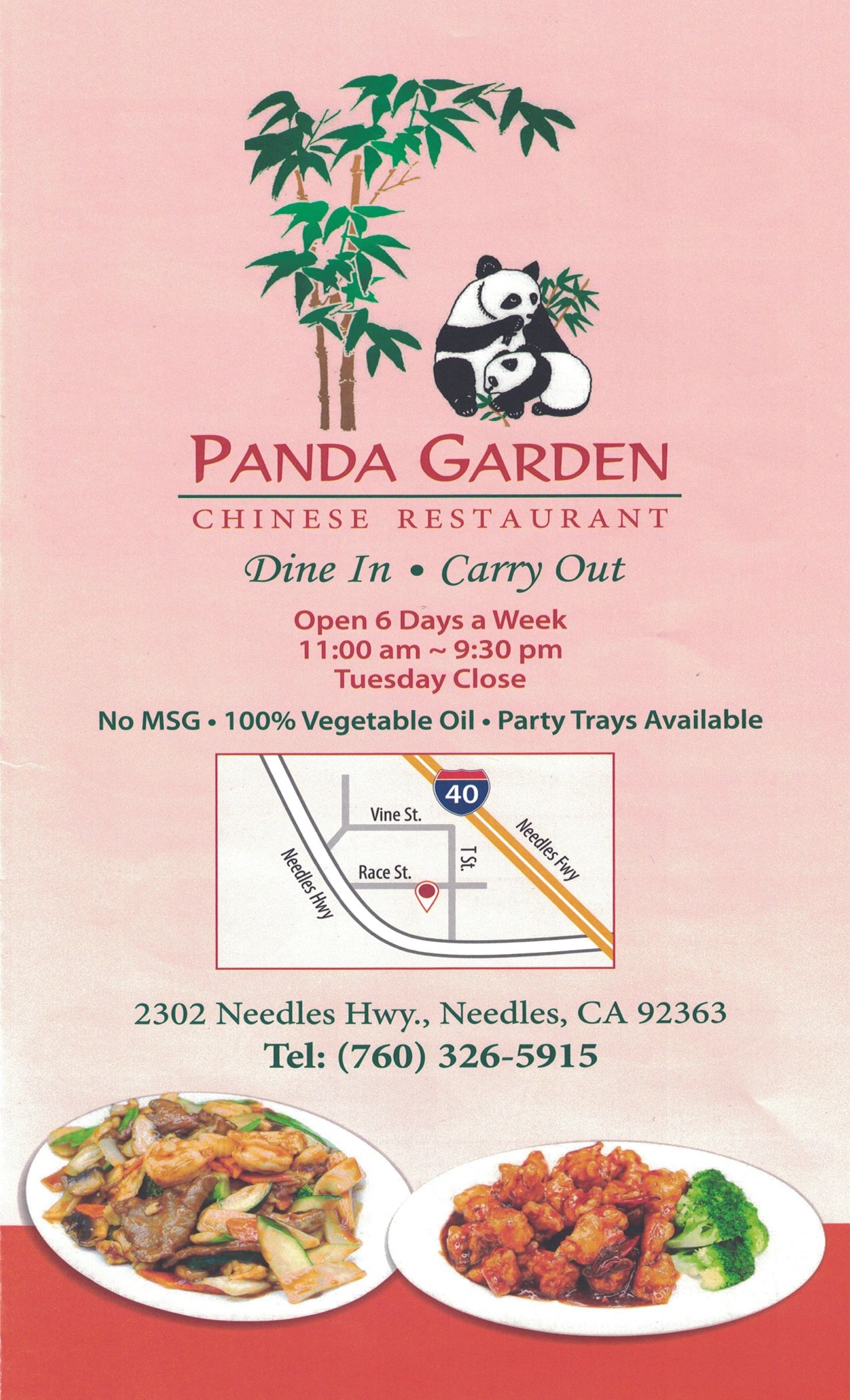 Panda Garden Chinese Restaurant offers dine-in and carry-out with no MSG and party trays available.