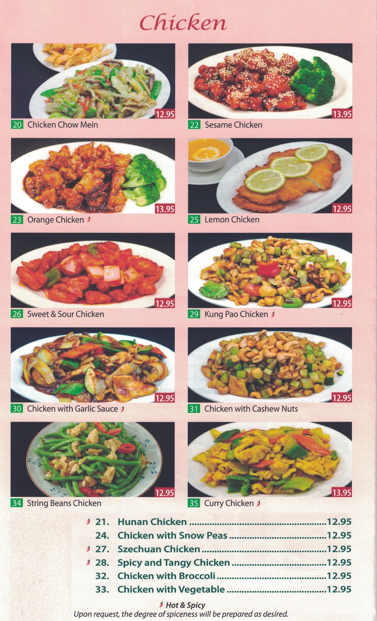 Menu showcasing various chicken dishes with prices and spice levels.