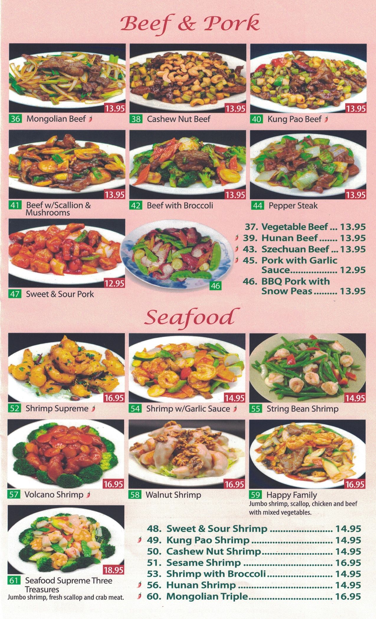 Various beef, pork, and seafood dishes beautifully presented on plates.