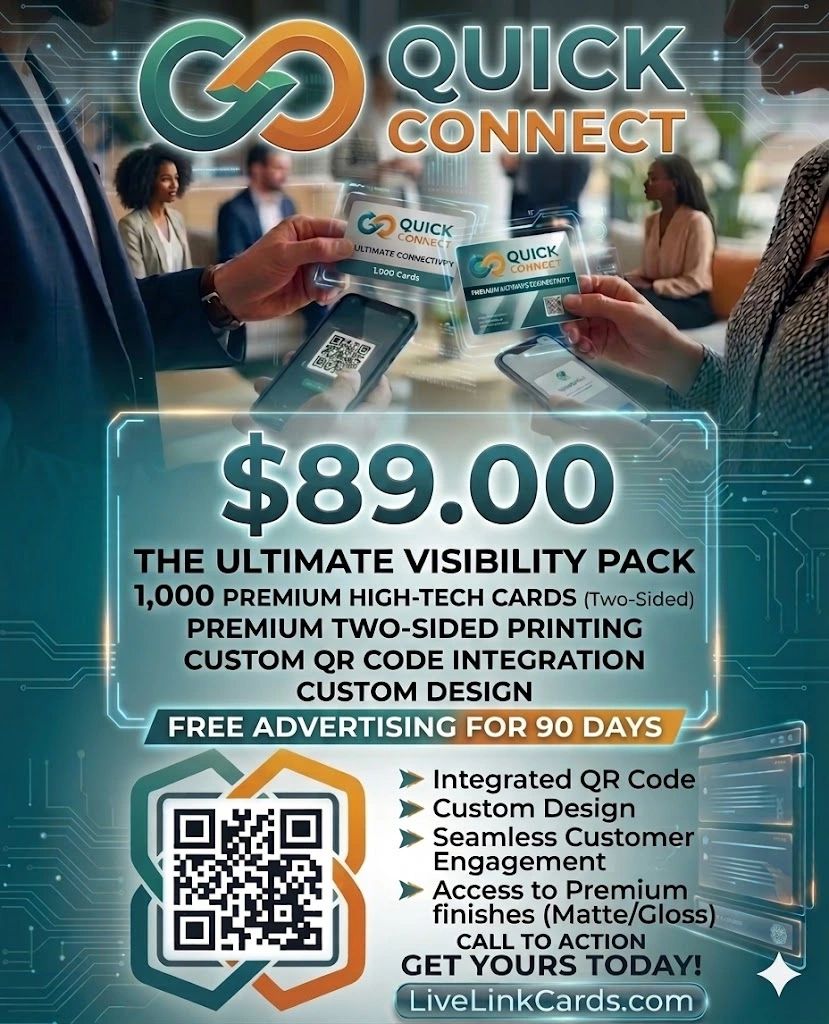 Quick Connect offers premium high-tech custom QR code cards for $89 with free advertising for 90 days.
