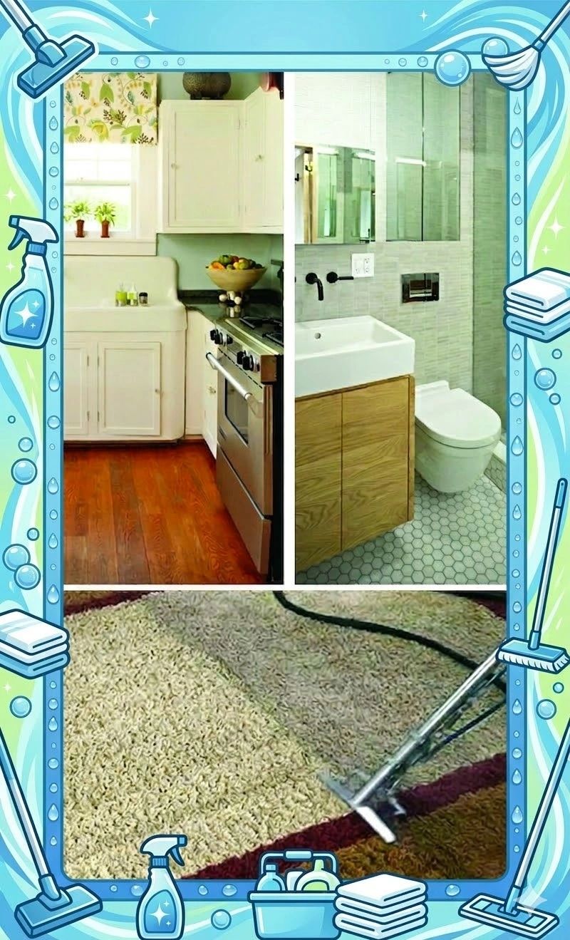 Split image showing a clean kitchen, bathroom, and carpet cleaning in progress.