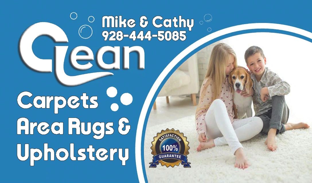 Advertisement for Clean, offering carpet, area rug, and upholstery cleaning by Mike &amp; Cathy.