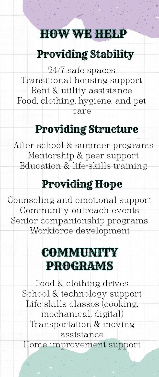 Summary of services offering stability, structure, hope, and community programs.