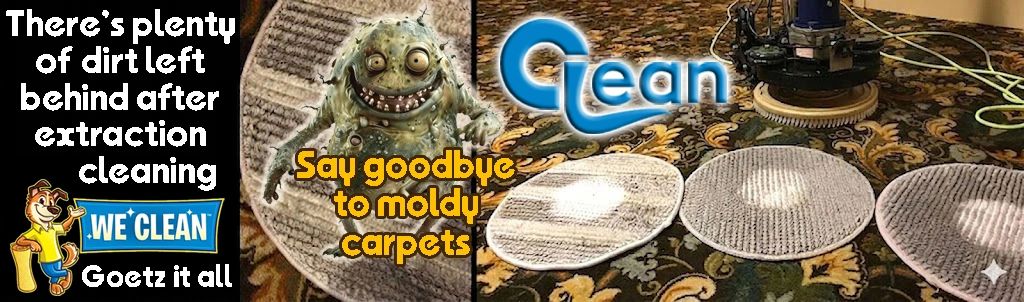 Carpet cleaning shows dirt removal with a friendly mascot and cleaning machine.