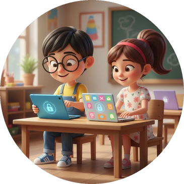 Two kids happily using laptops with digital security icons in a cozy classroom.