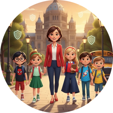 Teacher walking happily with five diverse children in a sunny city park.