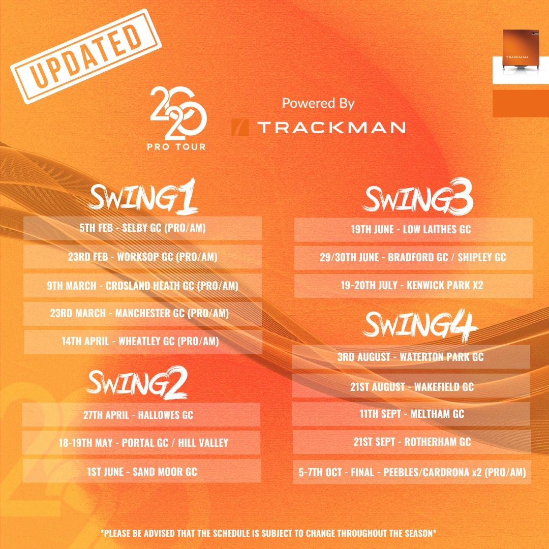 Updated 2020 Pro Tour schedule powered by Trackman with Swing 1 to 4 dates at various golf courses.