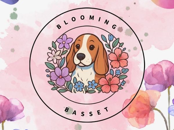 Illustration of a basset dog surrounded by colorful flowers with text 'Blooming Basset'.