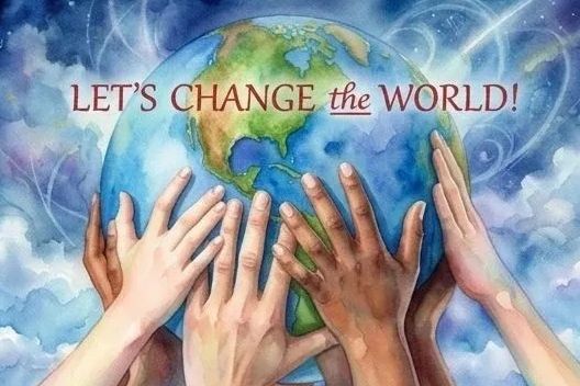 Hands of diverse skin tones reaching a globe with the text "Let's change the world!"
