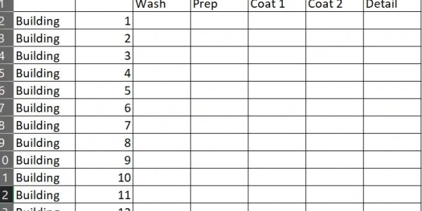 Spreadsheet with building tasks and coating steps columns.