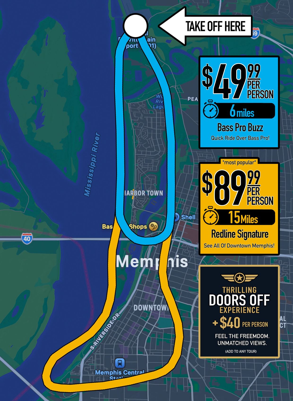 Map showing helicopter tour routes and prices in Memphis.