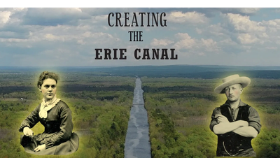 Historical depiction of creating the Erie Canal with portraits and a canal view.