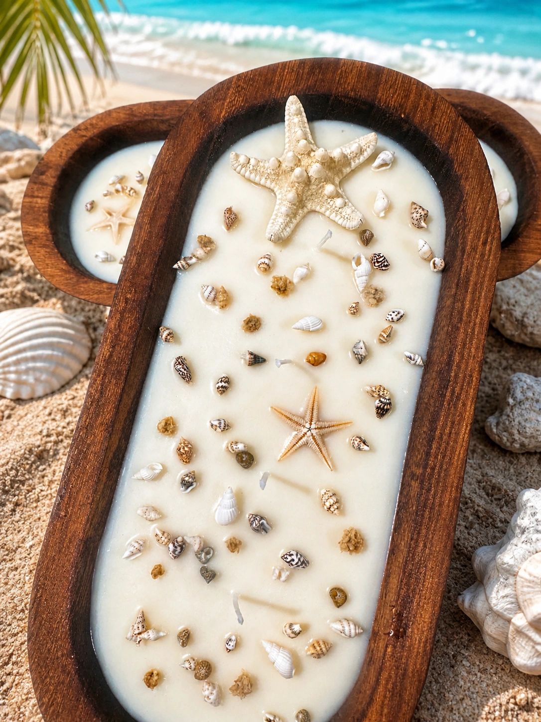 The 12” seashell embellished dough bowl candle in Island Life scent 