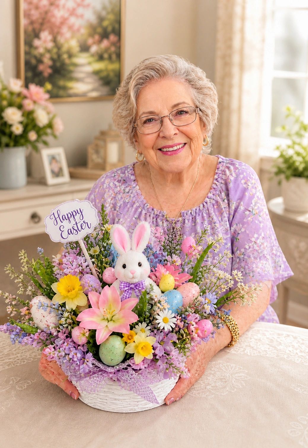 Smiling elderly woman holding a colorful Easter flower basket with a bunny.