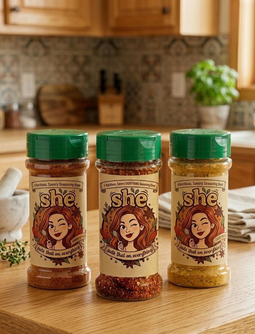 Three jars of 'she.' savory seasoning blends on a kitchen counter.