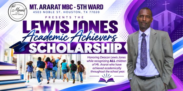 Lewis Jones Academic Achievers Scholarship announcement with a portrait of a man.