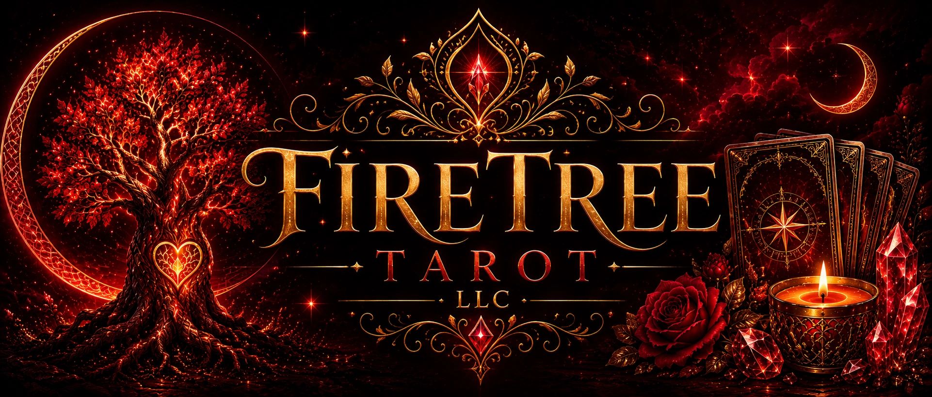 Fiery mystical tarot logo with a glowing tree, crescent moons, and tarot cards.