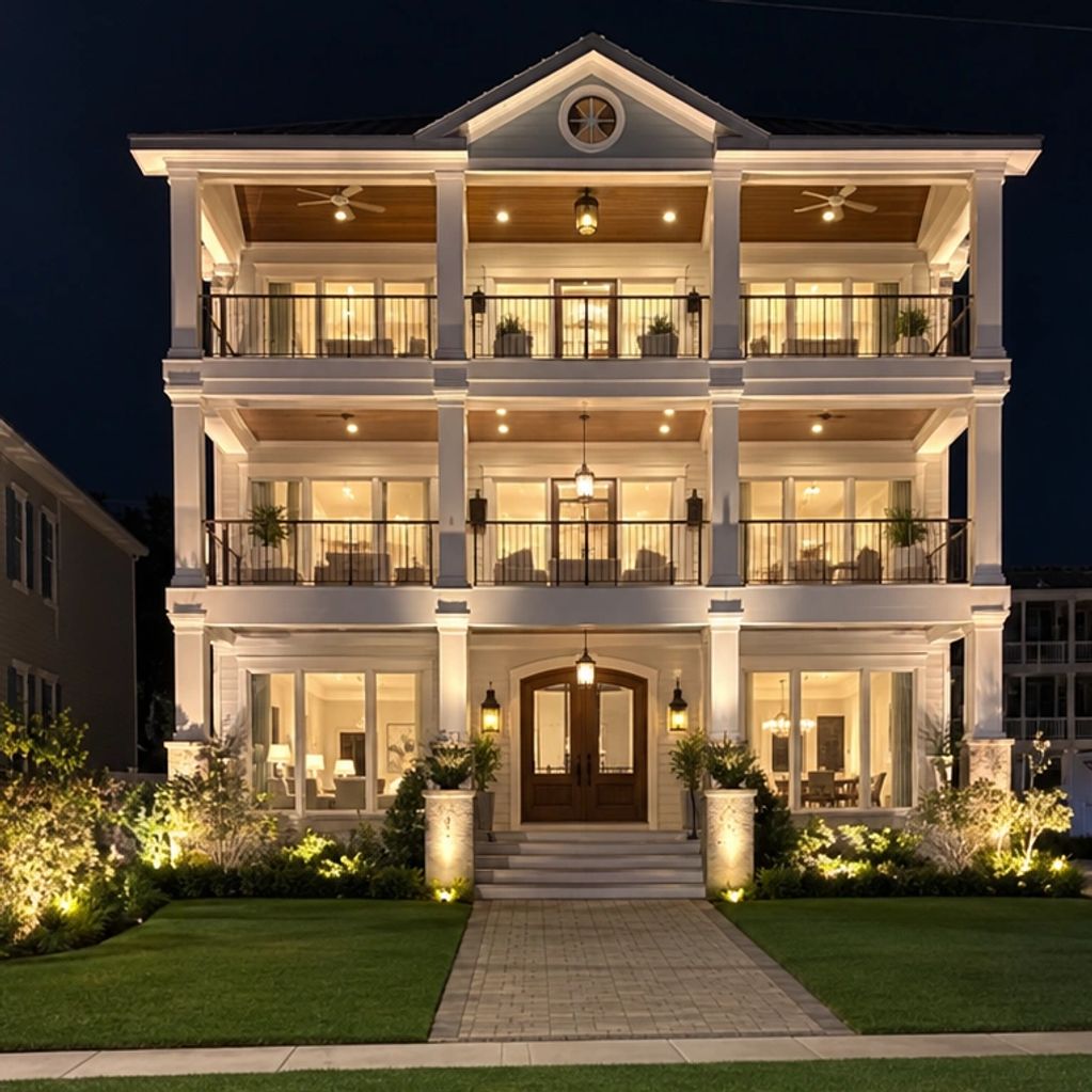 Elegant illuminated three-story house at night.