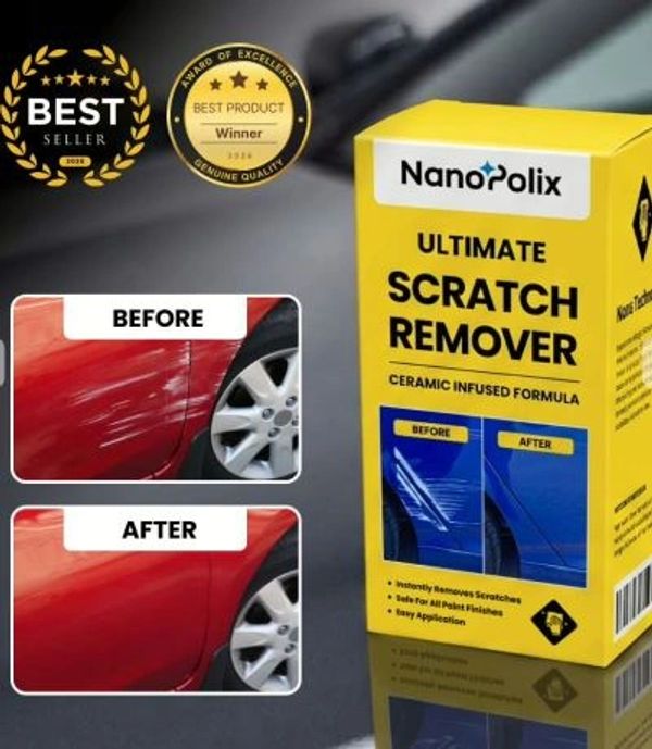 NanoPolix Ultimate Scratch Remover shows clear before and after car scratch repair.