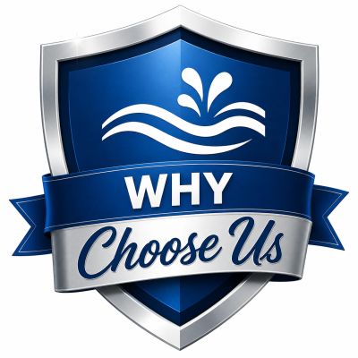Shield logo with 'Why Choose Us' text and water splash design.