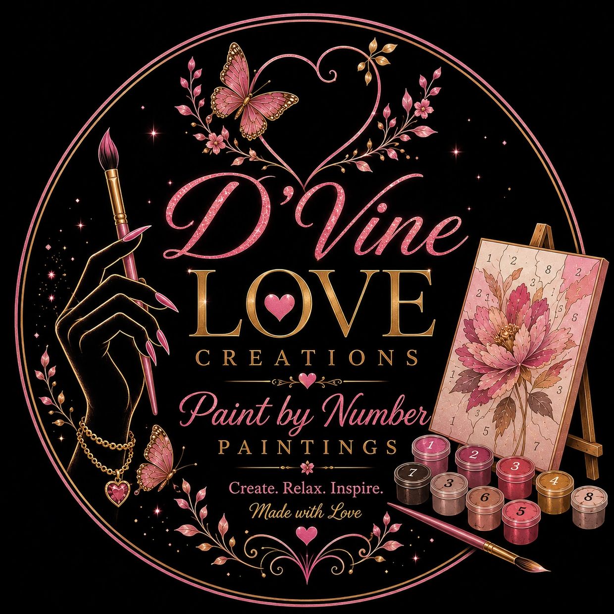 Elegant paint by number logo with pink and gold theme.