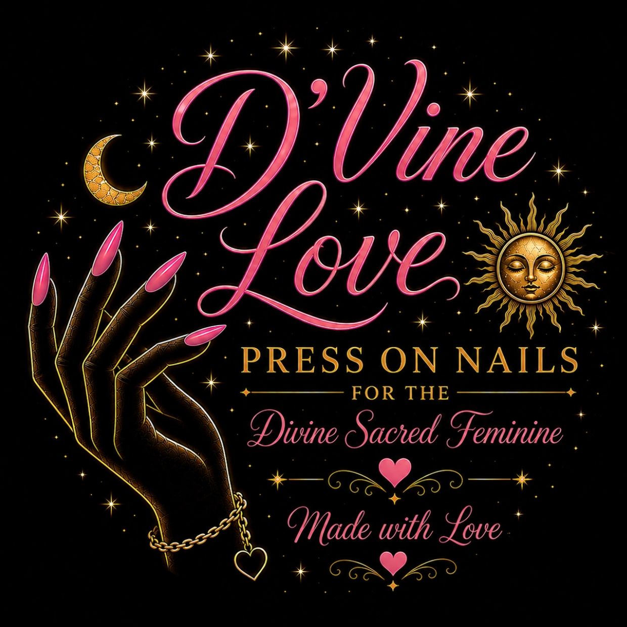 Elegant graphic promoting D'Vine Love press-on nails.