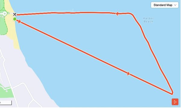 Route map showing a triangular path in water near Harbor Beach.