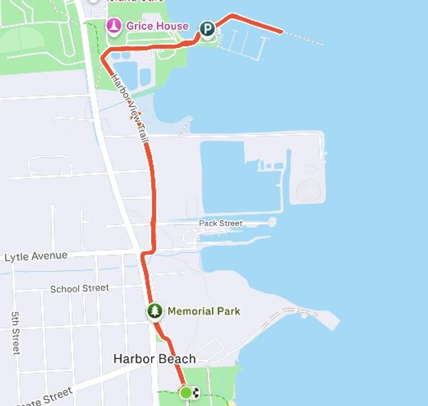 Map showing a route from Harbor Beach to Grice House.