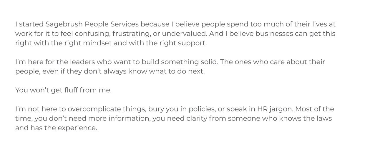 Statement about Sagebrush People Services focusing on clear, supportive leadership without fluff.