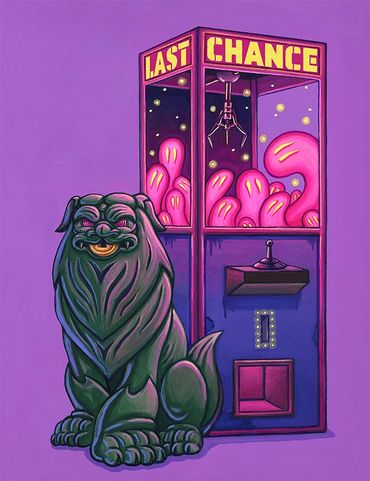 A guardian lion with a coin in his mouth, protecting a claw machine holding glowing pink spirits