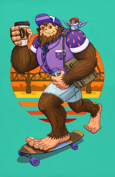 Dave, the hipster Sasquatch and mascot of Rose City Comic Con, skateboarding against a PDX skyline.