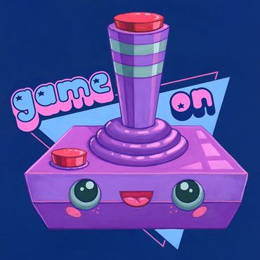 A cute retro joystick with the phrase "game on" displayed on an early 90's style background design. 